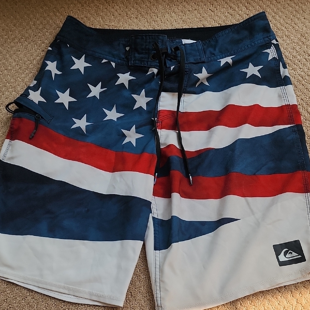 Quiksilver Red and White Board Shorts with Wave Pattern